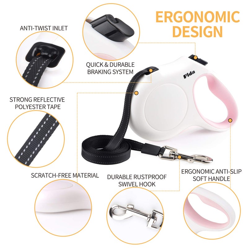 Fida Retractable Dog Leash with Dispenser and Poop Bags, 16 ft Pet Walking Leash for Medium Dog or Cat up to 44 lbs, Anti-Slip Handle, Tangle Free, Reflective Nylon Tape (M, White) - Image 3